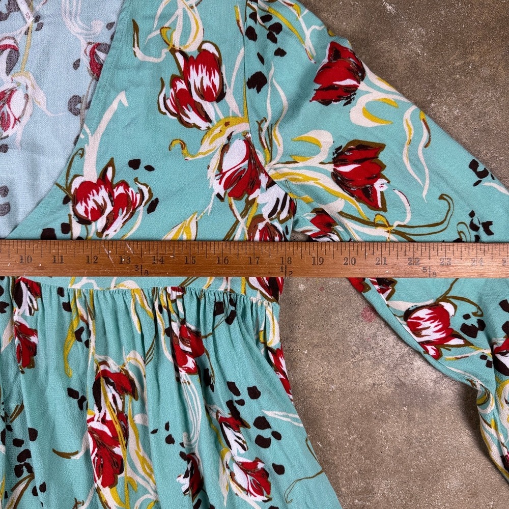 Free People Bella Babydoll Tunic Top Womens XS Teal Floral V-Neck Boho Blouse - Picture 10 of 12